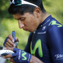 Colombia's Nairo Quintana adjusts his cycling shoes prior to a training session two days before the start of the Tour de France cycling race, at his team hotel in Zeist, near Utrecht, Netherlands, Thursday, July 2, 2015. (AP Photo/Laurent Cipriani)