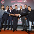 From left: France's Nacer Bouhanni, reigning World Champion Poland's Michal Kwiatkowski, Colombia's Rigoberto Uran, Italy's Fabio Aru, Spain's Alberto Contador, Italy's Ivan Basso and Colombia's Julian Arredondo pose after the official presentation of the 2015 Giro d'Italia 