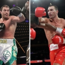 FILE - At left, in an April 20, 2013, file photo, Tyson Fury is seen in the ring during a heavyweight boxing match against Steve Cunningham in New York. At right, in an April 25, 2015, file photo, Wladimir Klitschko, of Ukraine, is shown exchanging punches with Bryant Jennings during the fourth round of a boxing match in New York. Promoters say unbeaten British boxer Tyson Fury will challenge Wladimir Klitschko for his world heavyweight titles in a bout in Germany in October. The 39-year-old Klitschko is the WBA, IBF and WBO champion and the encounter will be a record 28th heavyweight title bout for him. Fury's promoters, Hennessy Sports, said the fight would take place in Duesseldorf on Oct. 24. (AP Photo/File)