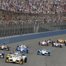 Simon Pagenaud (22), from France, leads the field toward Turn 1 on Saturday June 27, 2015, on the opening lap of the IndyCar auto race at Auto Club Speedway in Fontana, Calif. (AP Photo/Will Lester)