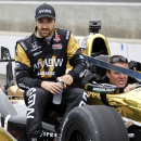FILE - In this May 16, 2015, file photo, James Hinchcliffe, of Canada, rides on his car out to the pit area during practice on the first day of qualifications for the Indianapolis 500 auto race at Indianapolis Motor Speedway in Indianapolis. Hinchcliffe jokes that he received 