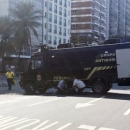 A police bomb squad inspect an unattended backpack that they exploded near the end of the Rio Olympics cycling course in Copacabana Beach, Rio de Janeiro, Brazil, August 6, 2016. REUTERS/Scott Malone