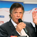 Peter Schroecksnadel, president of the Austrian ski federation, speaks during a press conference in Vienna, Austria, Thursday, June 18, 2015, where he announced that ski racer Anna Fenninger remains part of the national team after the overall World Cup champion agreed to live by the federation's sponsorship regulations. (AP Photo/Ronald Zak)