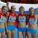 Olga Tovarovna, Tatyana Veshkurova, Nadezhda Kotlyarova and Kseniya Zadorina of Russia (L to R) celebrate as they took second place at the women's 4x400m Relay event during the European Athletics Indoor Championships in Gothenburg March 3, 2013.  REUTERS/Phil Noble