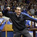 FILE - In this April, 2015 file photo, Duke coach Mike Krzyzewski reacts during a homecoming celebration for the national championship Duke basketball team at Cameron Indoor Stadium in Durham, N.C. Krzyzewski has won the eighth annual Lapchick Character Award for 2015. (AP Photo/Gerry Broome, File)