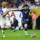 Jun 21, 2016; Houston, TX, USA; Argentina midfielder Lionel Messi (10) advances the ball as United States midfielder Michael Bradley (4) defends during the first half in the semifinals of the 2016 Copa America Centenario soccer tournament at NRG Stadium. Troy Taormina-USA TODAY Sports