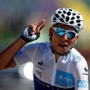Movistar rider Nairo Quintana of Colombia crosses the finish line in the 110.5-km (68.6 miles) 20th stage of the 102nd Tour de France cycling race from Modane to Alpe d'Huez in the French Alps mountains, France, July 25, 2015. REUTERS/Benoit Tessier - RTX1LRZH