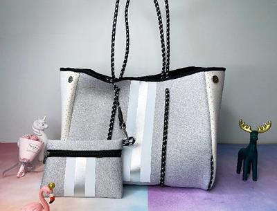 White & Silver Stripe With Small Zippered Purse Neoprene Tote