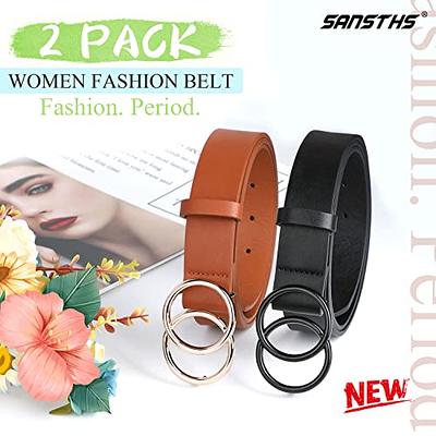 SANSTHS 2 Pack Women Leather Belts Faux Leather Jeans Belt with Double O-Ring Buckle Size Up to 58 inch