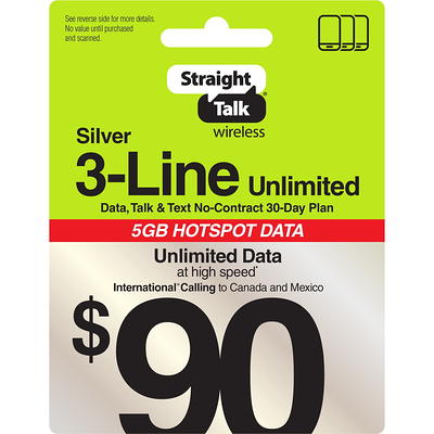 Straight Talk $90 Silver 3-Line Unlimited 30-Day Prepaid Plan + 5GB Hotspot  Data + Int'l Calling e-PIN Top Up (Email Delivery) - Yahoo Shopping