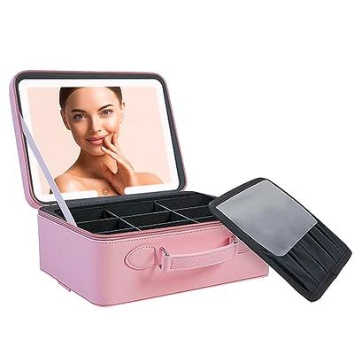 Makeup Bag with Mirror of LED Lighted,Travel Makeup Train Case Cosmetic Bag  Organizer with Adjustable Dividers,Makeup Case with Mirror and Detachable