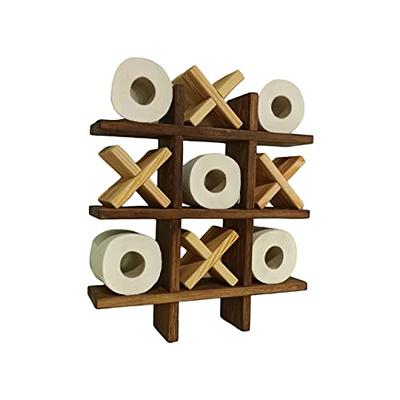 Excello Global Products Rustic Wooden Toilet Paper Holder: Tic Tac Toe Design for Wall Mounted or Freestanding Bathroom Tissue Roll Storage Organizer