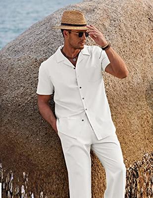 COOFANDY Mens Coordinated Outfit 2 Piece Linen Beach Button Down Shirt  Casual Loose Pant Sets, A-white, Medium - Yahoo Shopping