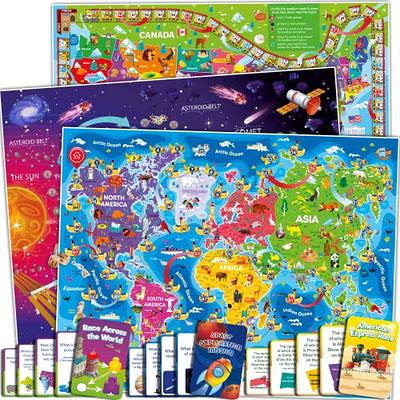 3X Set Learning Board Games for Kids 6-8 - Educational Trivia Cards Ages  8-12 by QUOKKA -, Travel United States, World Map, Explore Outer Space