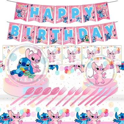 Pink Lilo and Stitch Birthday Party Supplies Set, Pink Theme Party Decoration Favors Includes Happy Birthday Banner, Tablecover, Plates, Forks