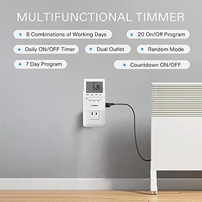 7 Day Programmable Digital Timer with Dual Outlet, 20 On/Off UL Listed Heavy Duty Plug-In Outlet Timer with Countdown Setting, Indoor for Lamp, Fan, H