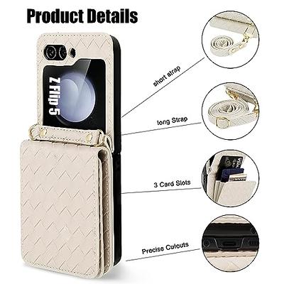 Z Flip 5 Leather Case, Wallet Case Compatible Samsung Galaxy Z Flip 5 With  Card Holder & Crossbody Strap