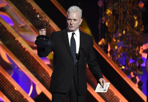 FILE - In this April 26, 2015, file photo, Anthony Geary accepts the award for outstanding lead actor in a drama series for “General Hospital,” at the 42nd annual Daytime Emmy Awards in Burbank, Calif. After 37 years, Geary finishes his role as Luke Spencer on ABC's "General Hospital" on Monday, July 27, 2015. (Photo by Chris Pizzello/Invision/AP, File)