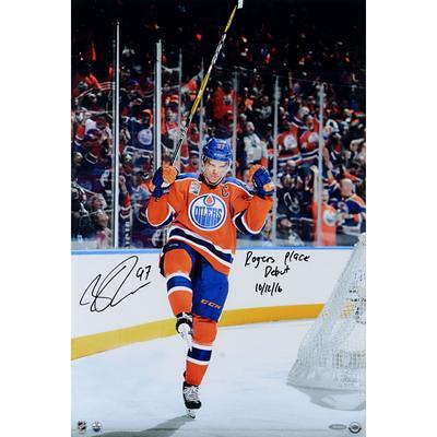 Connor McDavid Edmonton Oilers Unsigned White Reverse Retro Jersey Goal Celebration Photograph