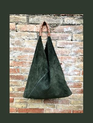 Slouch leather bag in GREEN . Large shoulder leather bag. Boho bag. Laptop  bags in suede. Large suede leather bag. GREEN suede bag.