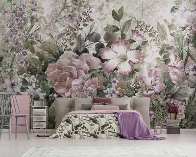 Green Pink Floral Wallpaper, Removable Wallpaper