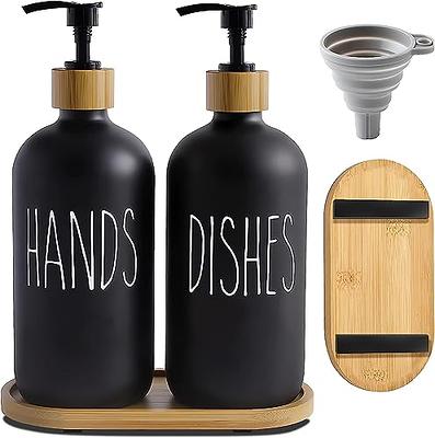 Black Glass Soap Dispenser Set/Bamboo Tray/Stainless Steel Pumps/Dish Soap Dispenser for Kitchen Sink/6 Waterproof Label’s/Bamboo Dish Brush with