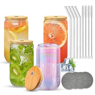 Iced Coffee Glass Cup with Bamboo Lid and Straw 18oz Beer Can