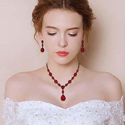 High Quality CZ Diamonds Ruby Necklace Earrings Set Bridal 