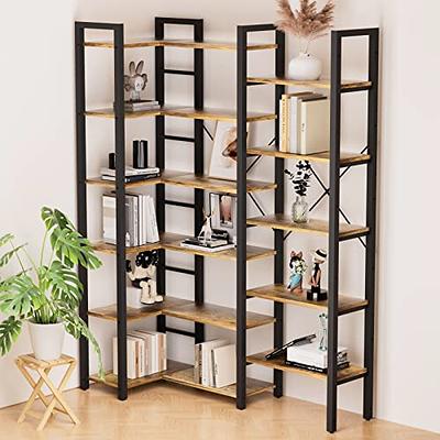 Earlimart 70.9 Vintage Brown Wood Triple Wide 5-Shelf Bookcase, Indust