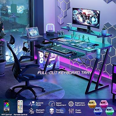 MOTPK L Shaped Gaming Desk with LED Lights, Corner Gaming Computer Desk  47inch with Power Outlets, Gaming Table with PC Storage Shelf, Gamer Desk  with