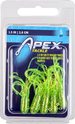 Apex Tackle 1.5 Rigged Tubes Chartreuse/Glitter 5pk, Soft Baits