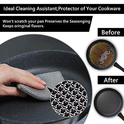 Cast Iron Scrubber + Pan Scraper, Upgraded Cast Iron Cleaner with Ergonomic Handle, Chainmail Scrubber for Cast Iron Pans and Skillets, Dishwasher SA