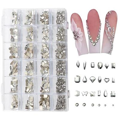 Nail Art Rhinestones Kit, Multi Shape Flatback Crystal Nail Rhinestones,  Gold Silver Pearls 3D Flower Nail Rhinestone with Storage Organizer Box/Wax