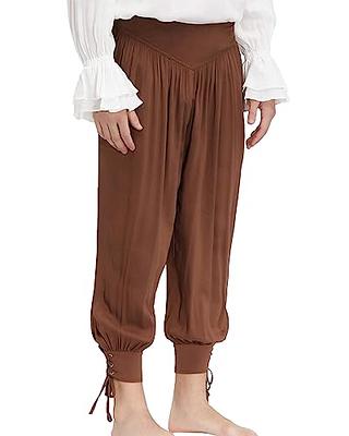 Medieval Renaissance Ankle Banded Pants for Men Linen Pirate Navigator  Trousers Lace Up Bottoms