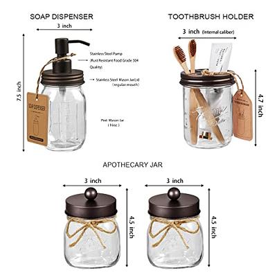 Premium Mason Jar Bathroom Accessories Set (6PCS) - Lotion Soap  Dispenser,Toothbrush Holder,2 Apothecary Jars(Qtip Holder),Soap Dish,Metal  Wire