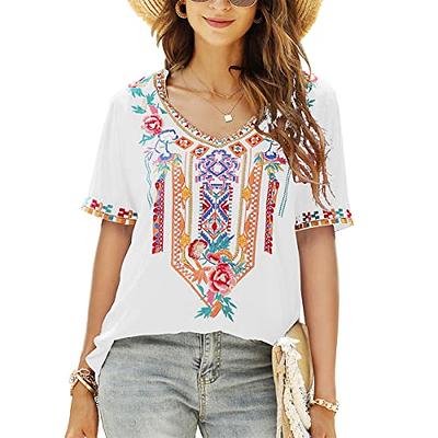 Mexican Embroidered Shirts For Women Boho Tops And Blouses 3/4 Sleeve  Bohemian Peasant Summer Fall Tunic Top