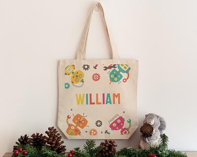 Personalized Christmas Canvas Tote Bags w/Name for Kids - 5 Design 8 Font -  Customized Noel Toddler Totes Bag Gift - Custom Snowman Noel Tree Train