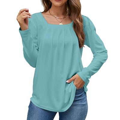 Long Sleeve Shirts That Hide Belly Fat for Women Solid Color Long Sleeve  Henley T Shirts Pleated Flare Tunic Blouse