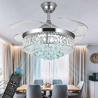 42 inch Crystal Ceiling Fan Light, LED Chandelier Fan with Remote Control  Invisible Retractable Blade Extension Design, 3 Wind Speeds Decorative