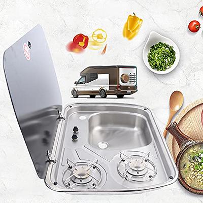 Gas RV Stove Sink Combo with Fauce & Cover, Camper Sink Gas Stove 2 Burners  LPG Cooktop Boat Caravan Camping Cooker Stainless Outdoor RV Kitchen Sink