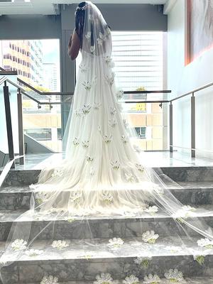 Stunning 3D Flower Lace Wedding Veil with Pearls Cathedral Veil