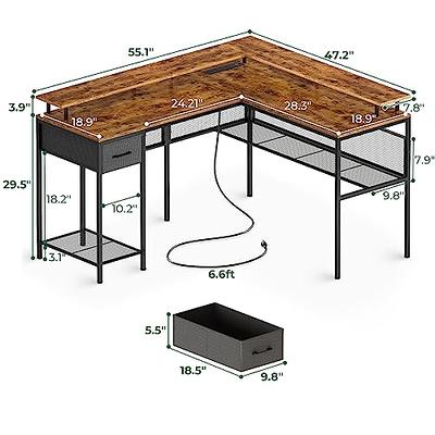 Huuger L Shaped Gaming Desk with Power Outlets, Led Lights, Computer Desk  Office Desk with Storage Shelves, Corner Home Office Desks for Bedroom,  Rustic Brown 