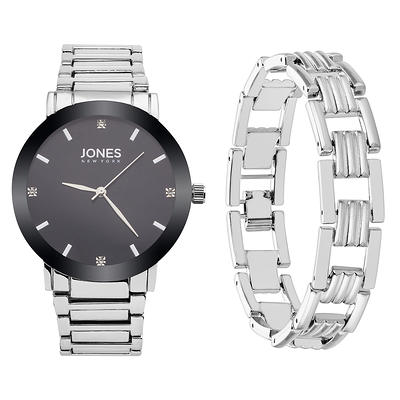 Jones New York Men's Analog Black Tone Metal Watch and Bracelet Set 42mm