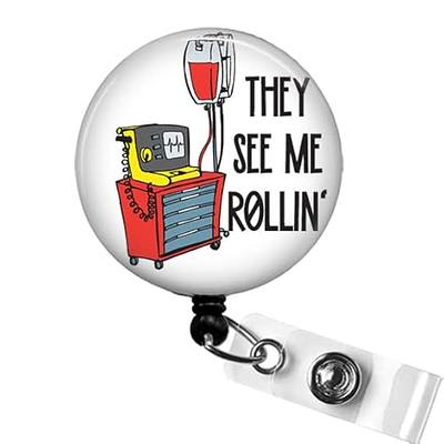 Paramedic EMT Badge Reel, They See Me Rollin They Hating Badge Holder,  First Responder Ambulance Badge Clip, Carabiner, Heavy Duty ID Badge #294