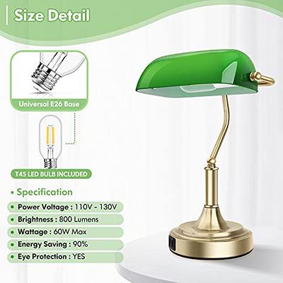 Table Lamps for Living Room / Office- Bankers Lamp Green Glass - Touch  Dimmable