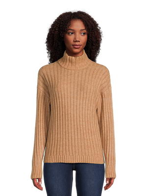 Time and Tru Women's Mock Neck Rib Knit Sweater, Midweight, Sizes