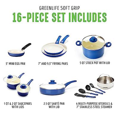 GreenLife Soft Grip Healthy Ceramic Nonstick 16 Piece Kitchen Cookware Pots  and Frying Sauce Saute Pans Set, PFAS-Free with Kitchen Utensils and Lid