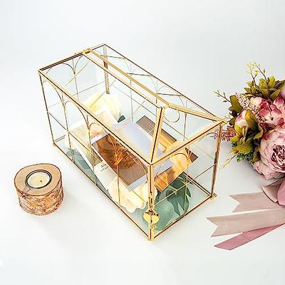 12.6x5.9x9 inches Large Glass Card Box Handmade with Slot and Lock, Wedding  Card Boxes for Reception, Graduation, Gift Cards, Party, Brass Geometric  Terrarium, Golden Decorative Box 