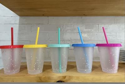 Set of 5 Color Changing Kids Cups with Colored Straws - 16oz Mini