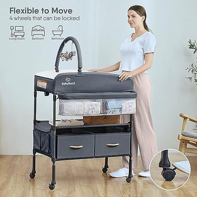 JOYMOR Portable Diaper Changing Station,Folding Baby Changing Table for  Infant, Moblie Diaper Changing Table with Wheels, Large Storage Basket ＆  Shelf